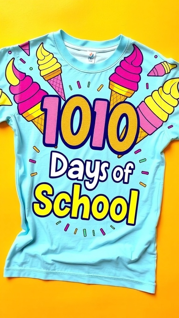 Ice cream-themed shirt design for 100 Days of School with colorful graphics.